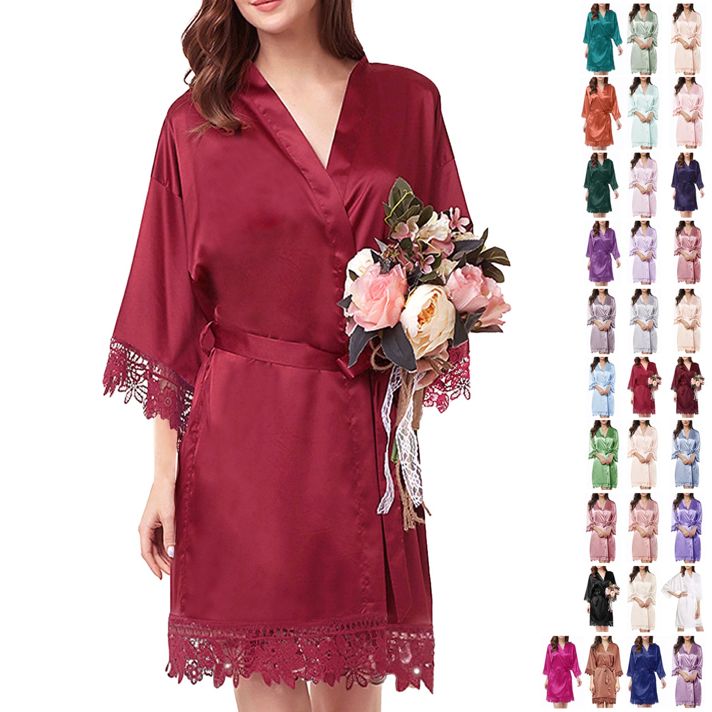 Womens Silk Robe Satin Robe Silky Kimono Lace Bathrobe Sleepwear Wedding For Bridal Bride Bridesmaid Robes