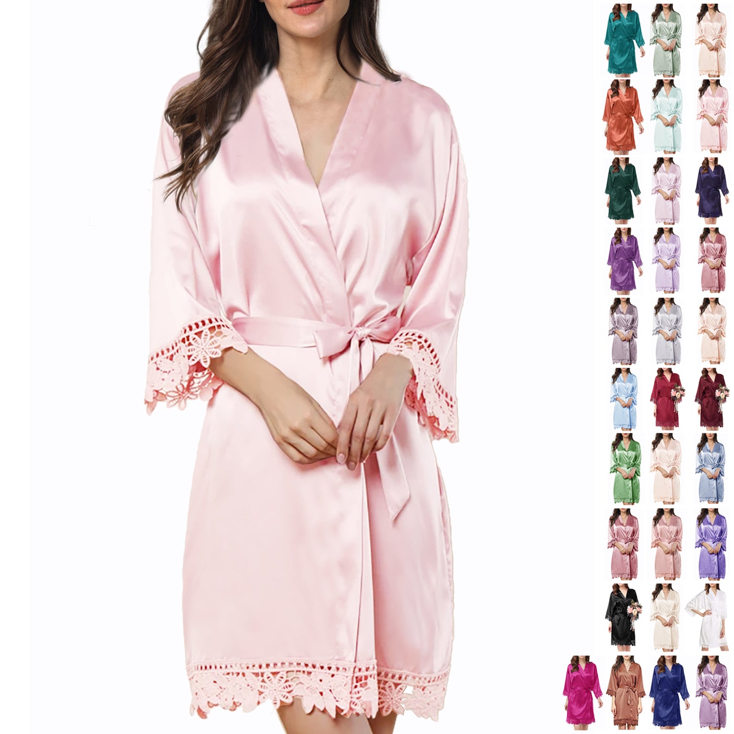Womens Silk Robe Satin Robe Silky Kimono Lace Bathrobe Sleepwear Wedding For Bridal Bride Bridesmaid Robes
