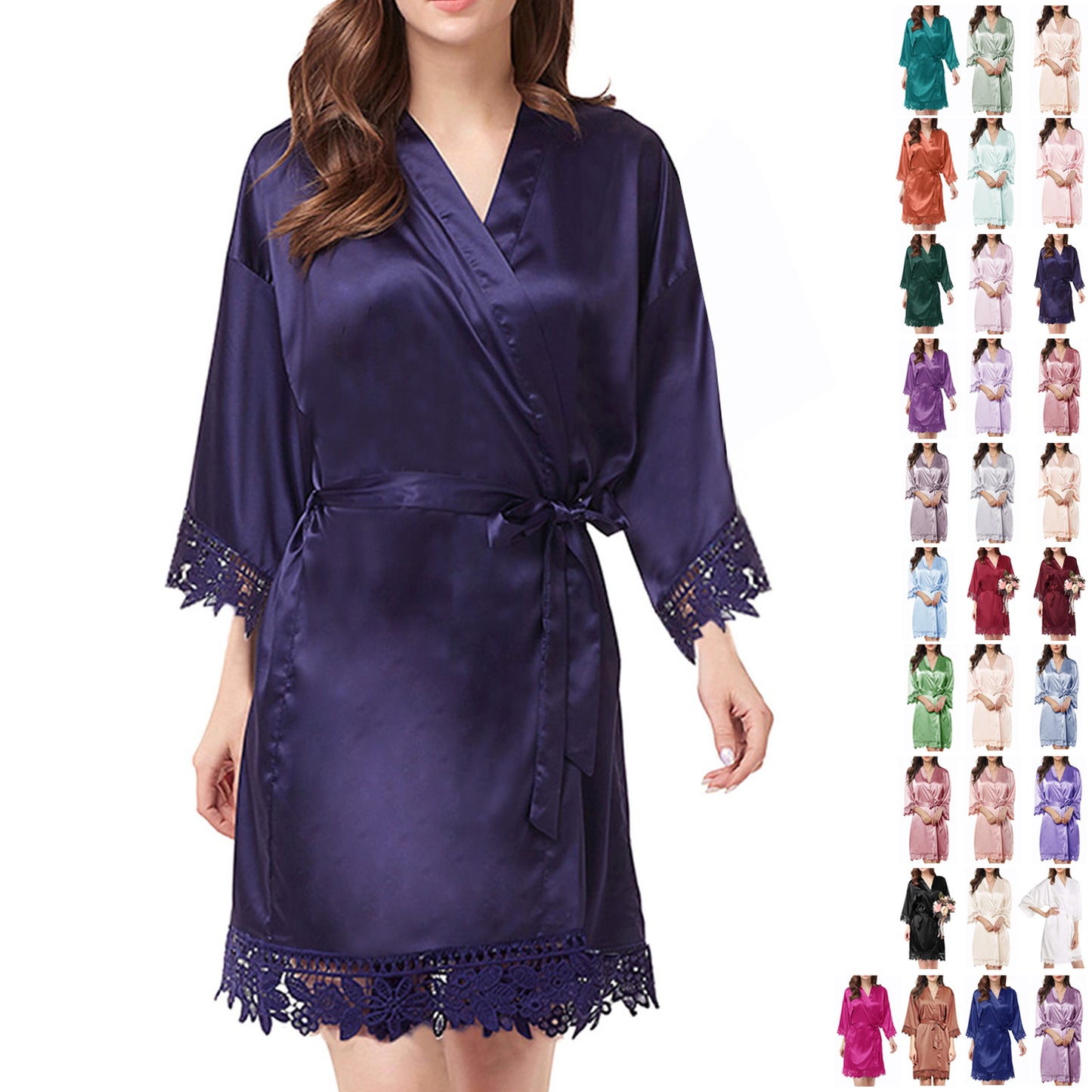 Womens Silk Robe Satin Robe Silky Kimono Lace Bathrobe Sleepwear Wedding For Bridal Bride Bridesmaid Robes