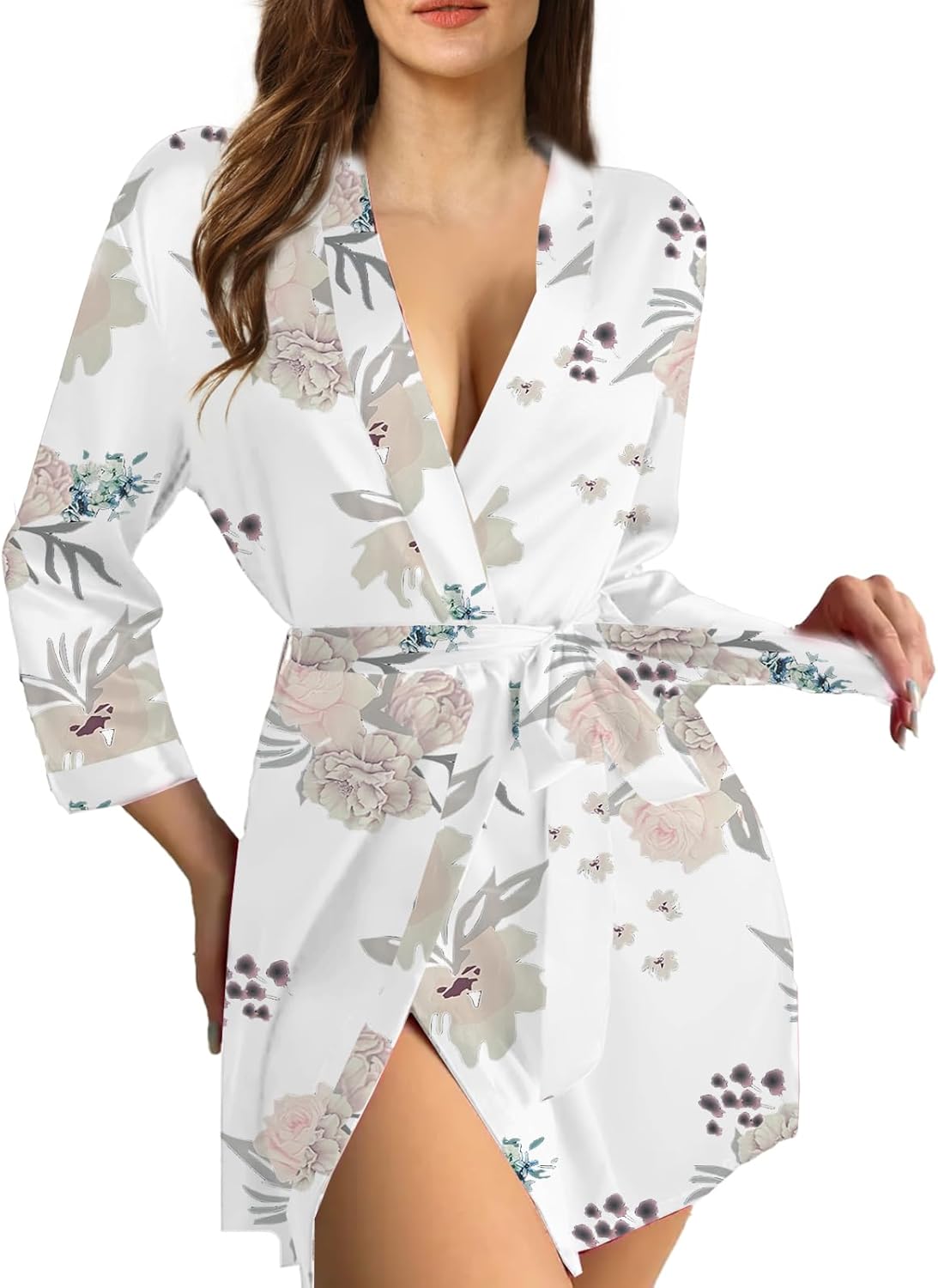 Womens Satin Kimono Robe Silk Robes Floral Bathrobe Bride Bridesmaid Wedding Silky Bridal Dressing Gown Loungewear