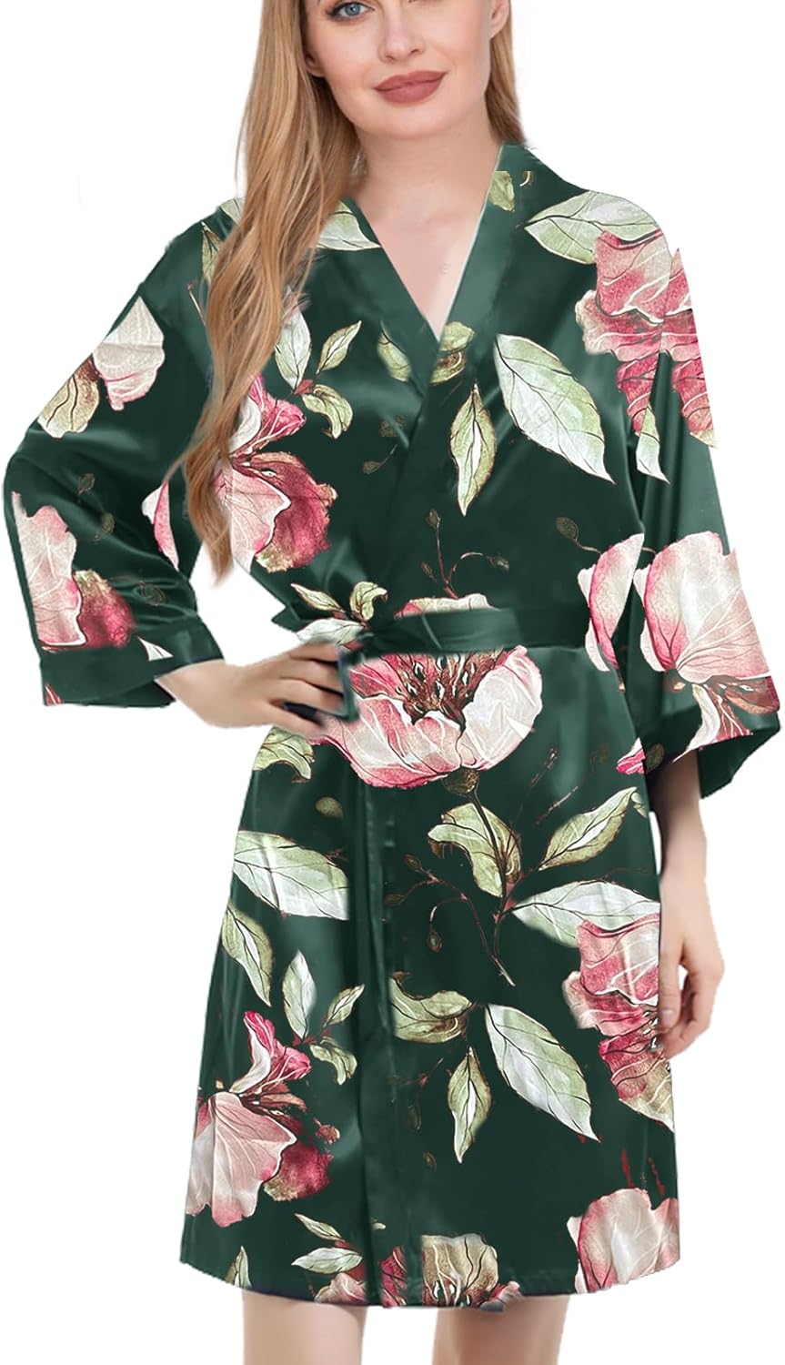 Womens Satin Kimono Robe Silk Robes Floral Bathrobe Bride Bridesmaid Wedding Silky Bridal Dressing Gown Loungewear