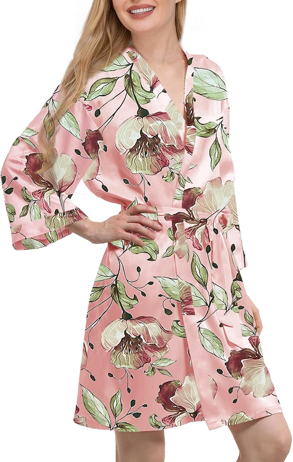 Womens Satin Kimono Robe Silk Robes Floral Bathrobe Bride Bridesmaid Wedding Silky Bridal Dressing Gown Loungewear