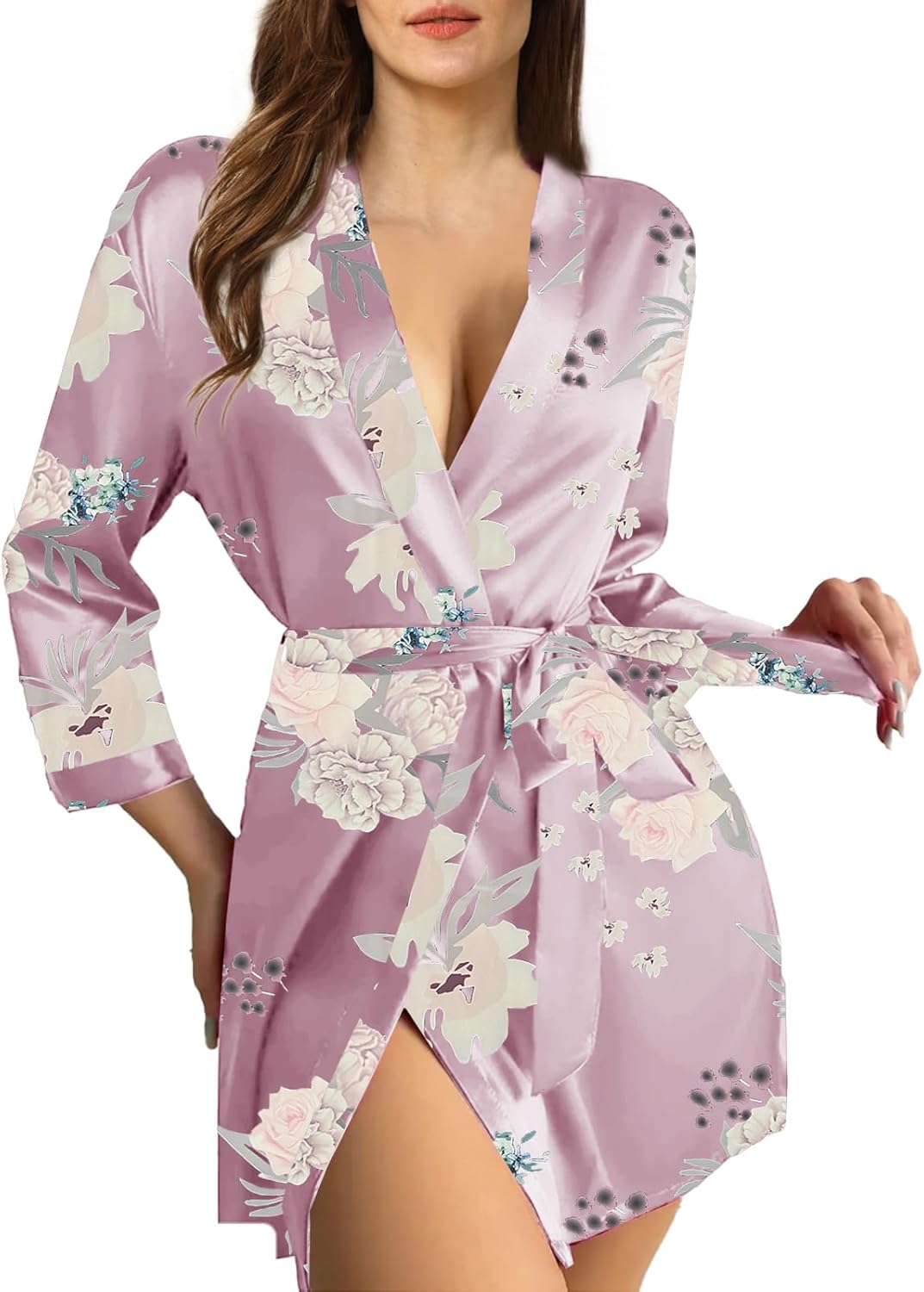 Womens Satin Kimono Robe Silk Robes Floral Bathrobe Bride Bridesmaid Wedding Silky Bridal Dressing Gown Loungewear