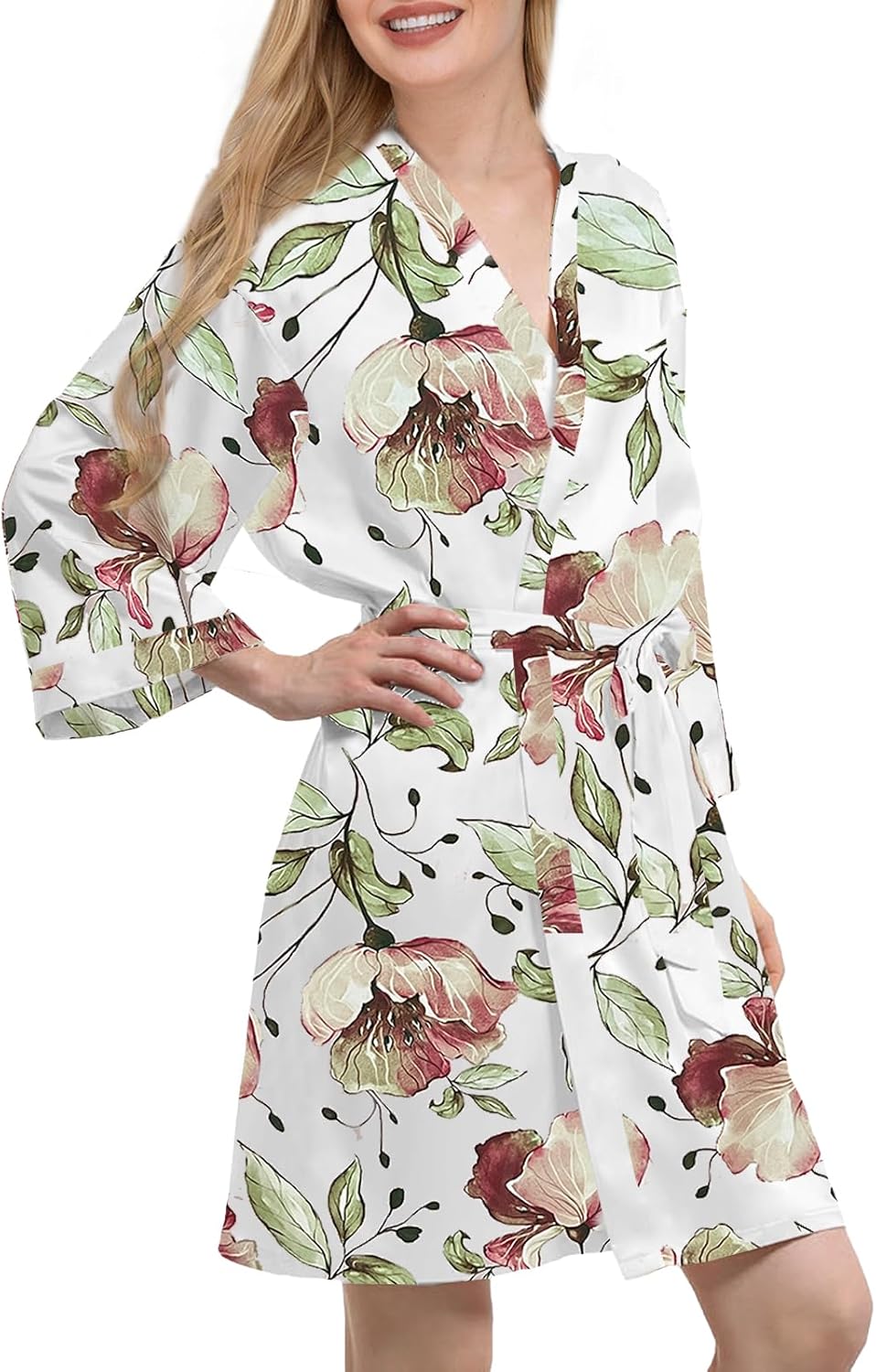 Womens Satin Kimono Robe Silk Robes Floral Bathrobe Bride Bridesmaid Wedding Silky Bridal Dressing Gown Loungewear