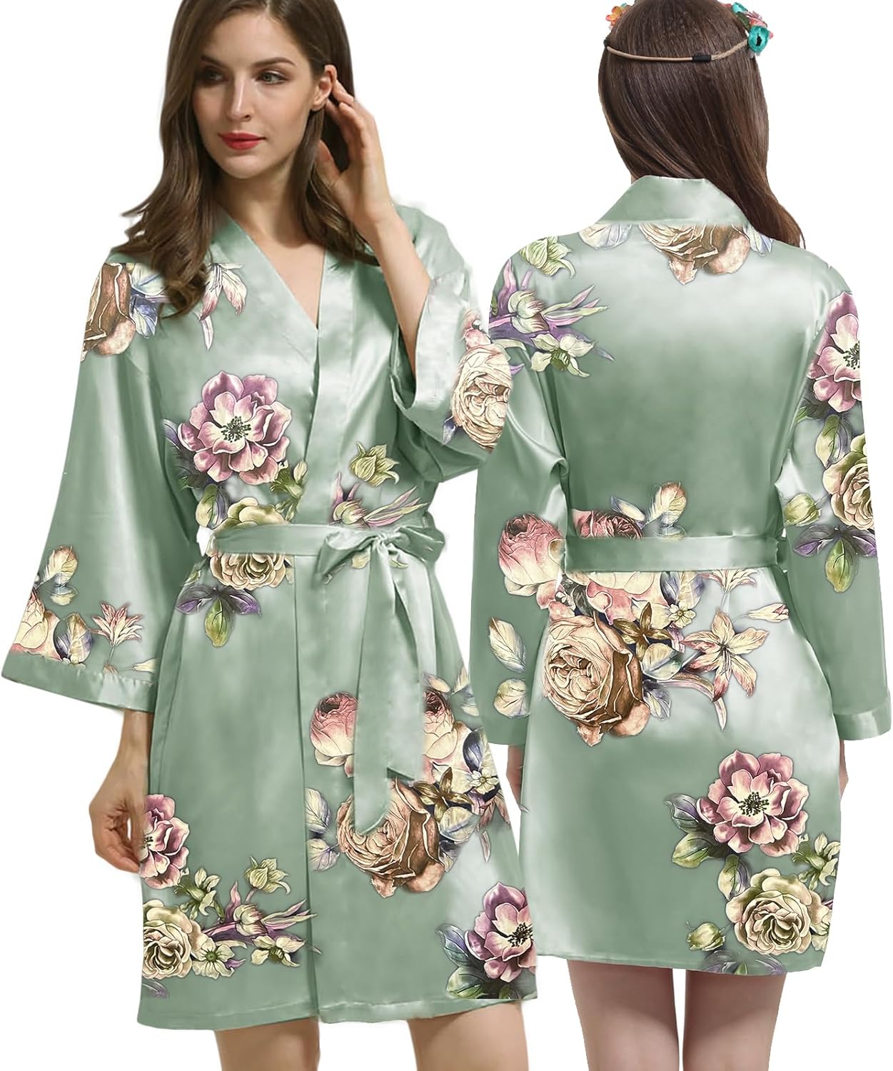 Womens Satin Kimono Robe Silk Robes Floral Bathrobe Bride Bridesmaid Wedding Silky Bridal Dressing Gown Loungewear