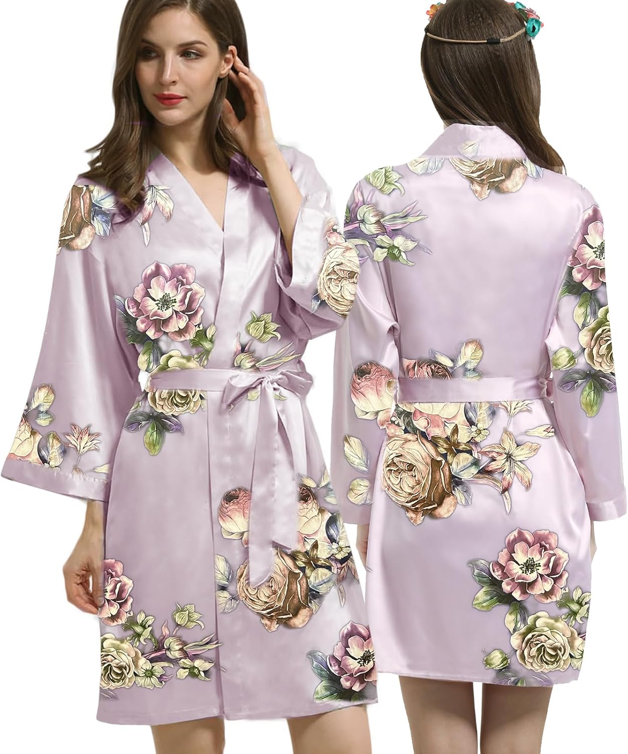 Womens Satin Kimono Robe Silk Robes Floral Bathrobe Bride Bridesmaid Wedding Silky Bridal Dressing Gown Loungewear