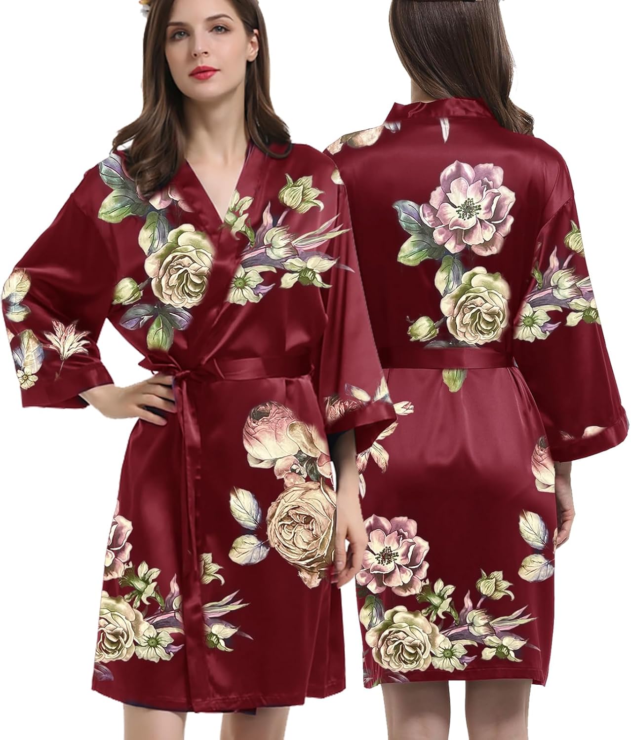 Womens Satin Kimono Robe Silk Robes Floral Bathrobe Bride Bridesmaid Wedding Silky Bridal Dressing Gown Loungewear