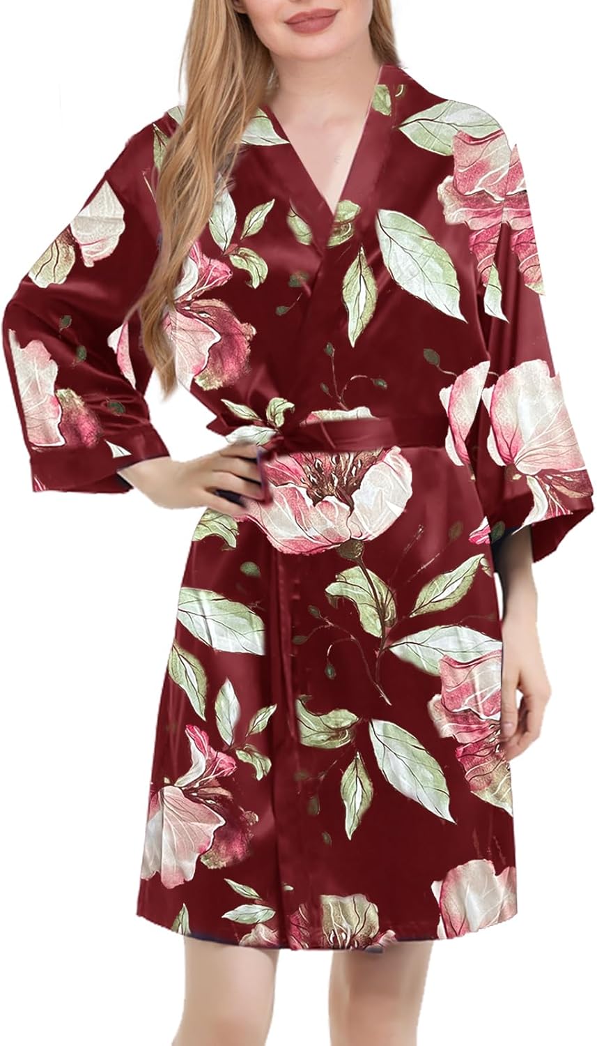 Womens Satin Kimono Robe Silk Robes Floral Bathrobe Bride Bridesmaid Wedding Silky Bridal Dressing Gown Loungewear