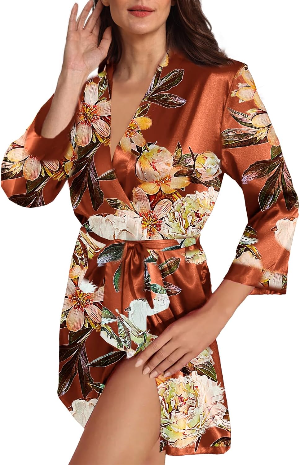 Womens Satin Kimono Robe Silk Robes Floral Bathrobe Bride Bridesmaid Wedding Silky Bridal Dressing Gown Loungewear