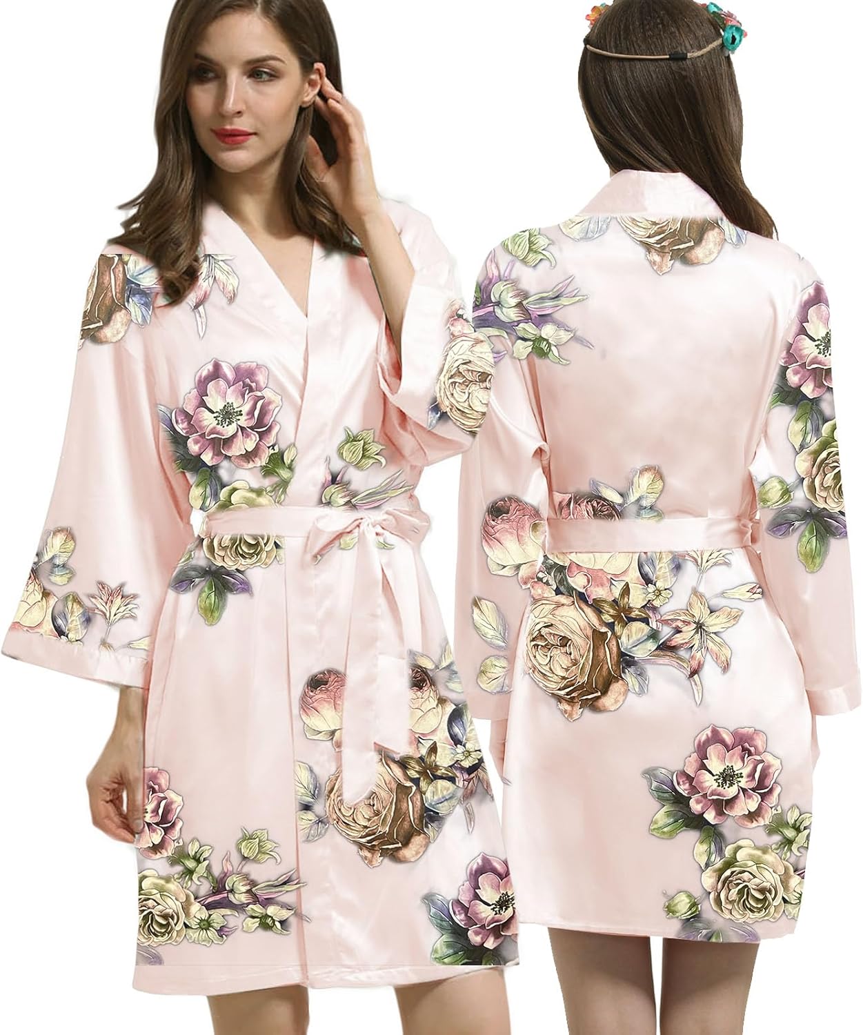 Womens Satin Kimono Robe Silk Robes Floral Bathrobe Bride Bridesmaid Wedding Silky Bridal Dressing Gown Loungewear