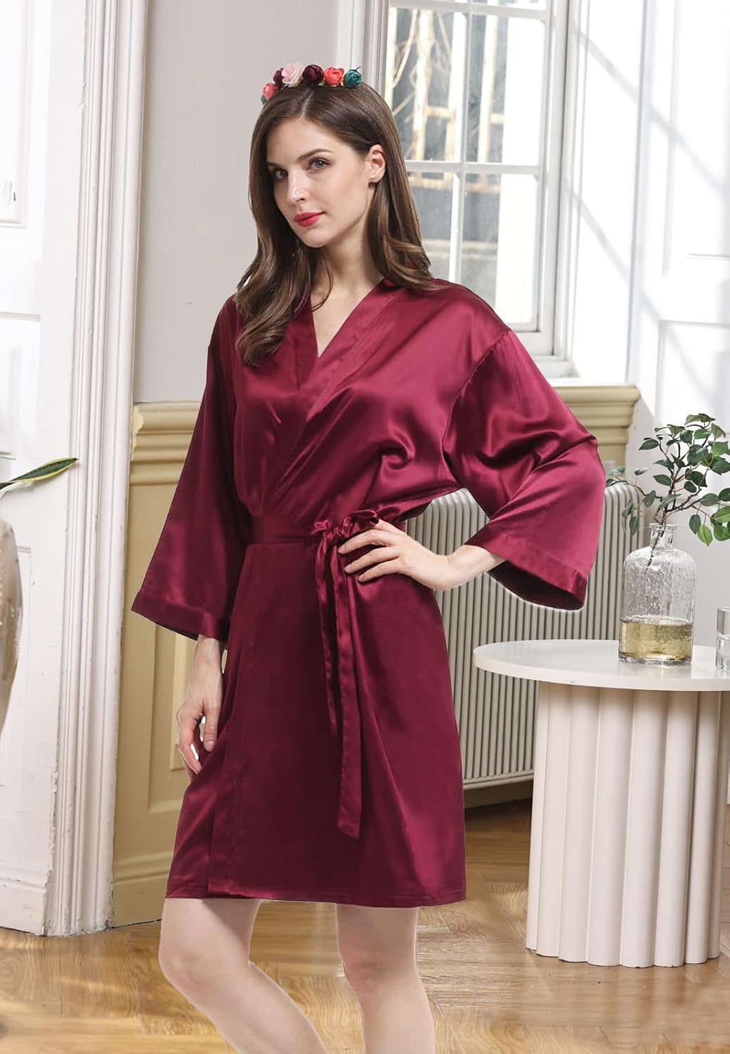 Womens Satin Kimono Robe Silk Robes Floral Bathrobe Bride Bridesmaid Wedding Silky Bridal Dressing Gown Loungewear