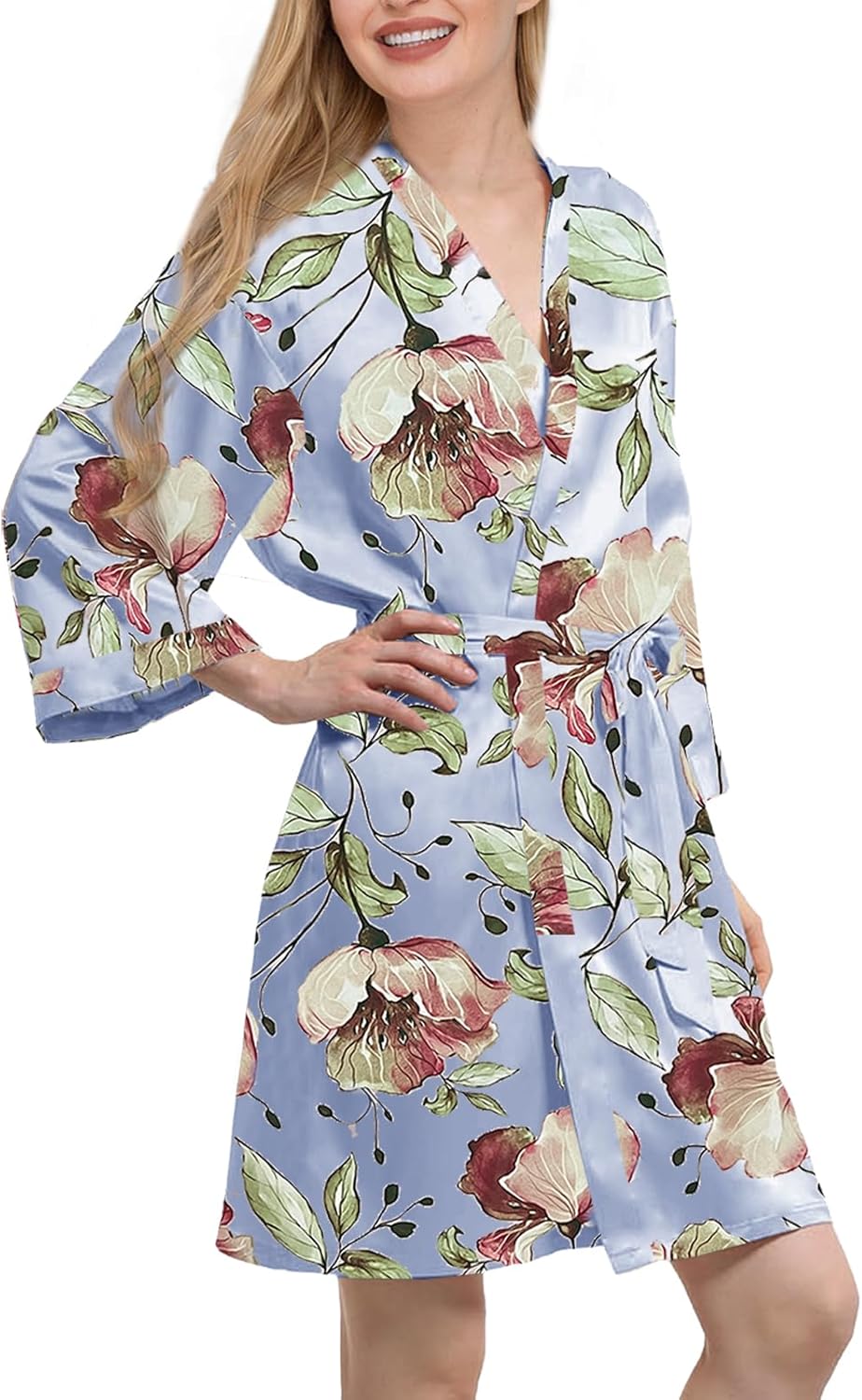 Womens Satin Kimono Robe Silk Robes Floral Bathrobe Bride Bridesmaid Wedding Silky Bridal Dressing Gown Loungewear