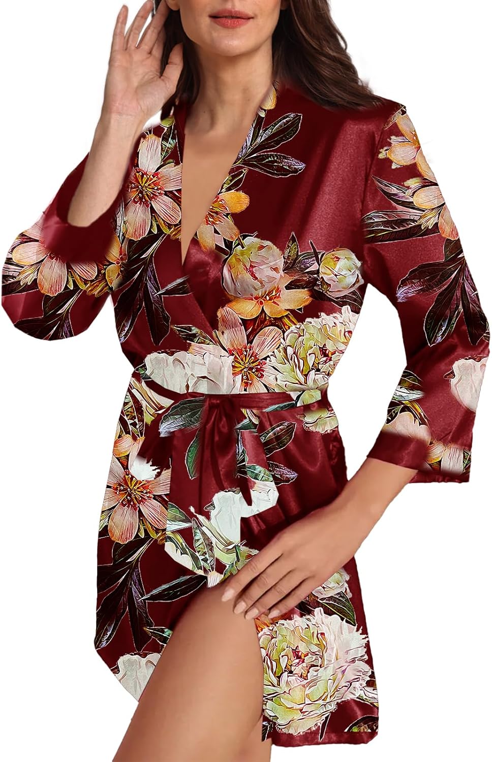 Womens Satin Kimono Robe Silk Robes Floral Bathrobe Bride Bridesmaid Wedding Silky Bridal Dressing Gown Loungewear