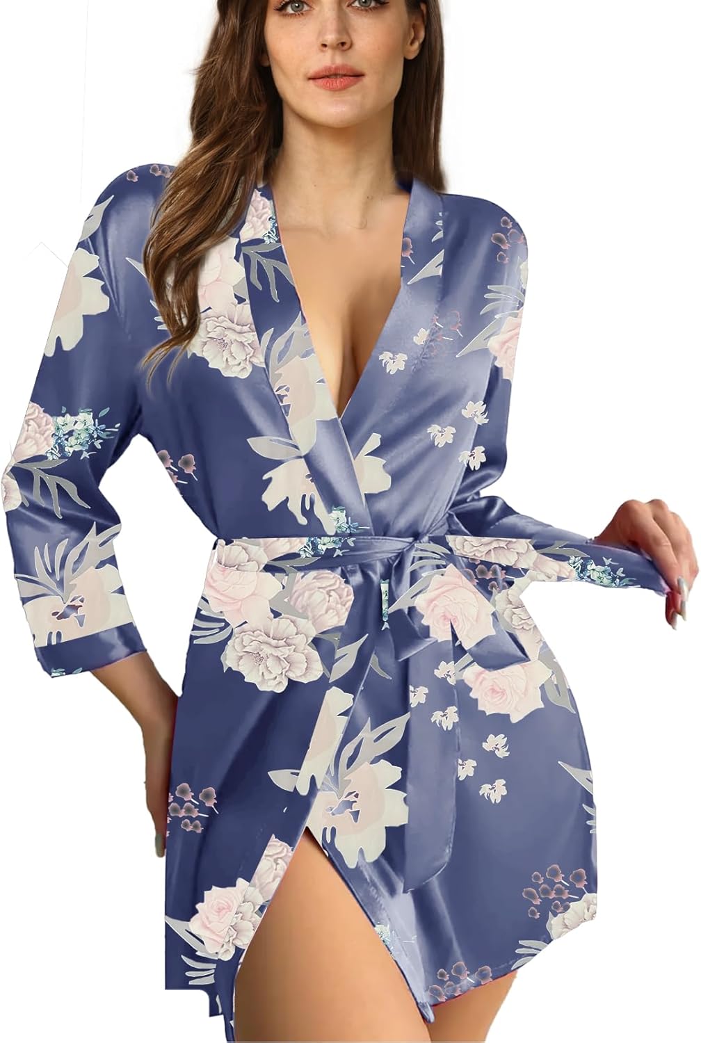 Womens Satin Kimono Robe Silk Robes Floral Bathrobe Bride Bridesmaid Wedding Silky Bridal Dressing Gown Loungewear