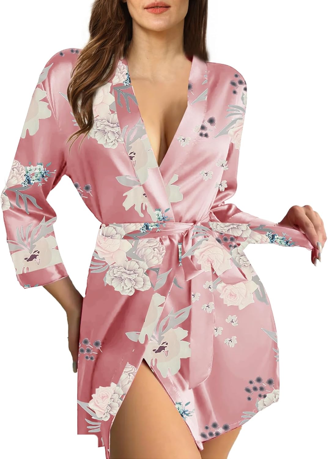 Womens Satin Kimono Robe Silk Robes Floral Bathrobe Bride Bridesmaid Wedding Silky Bridal Dressing Gown Loungewear