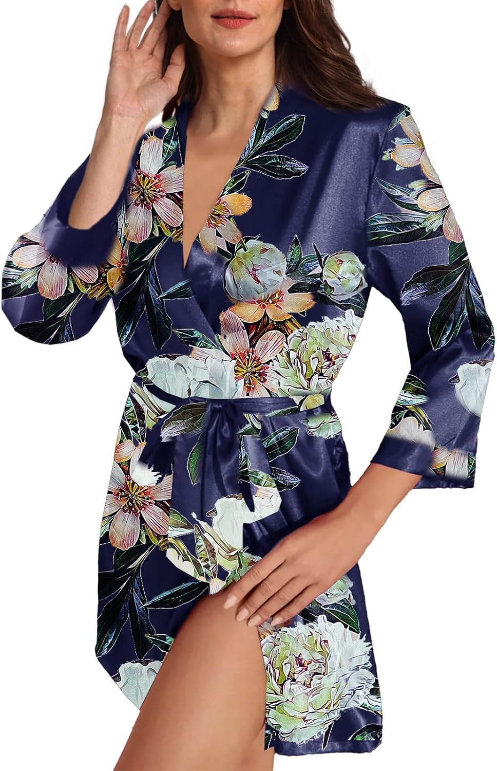 Womens Satin Kimono Robe Silk Robes Floral Bathrobe Bride Bridesmaid Wedding Silky Bridal Dressing Gown Loungewear