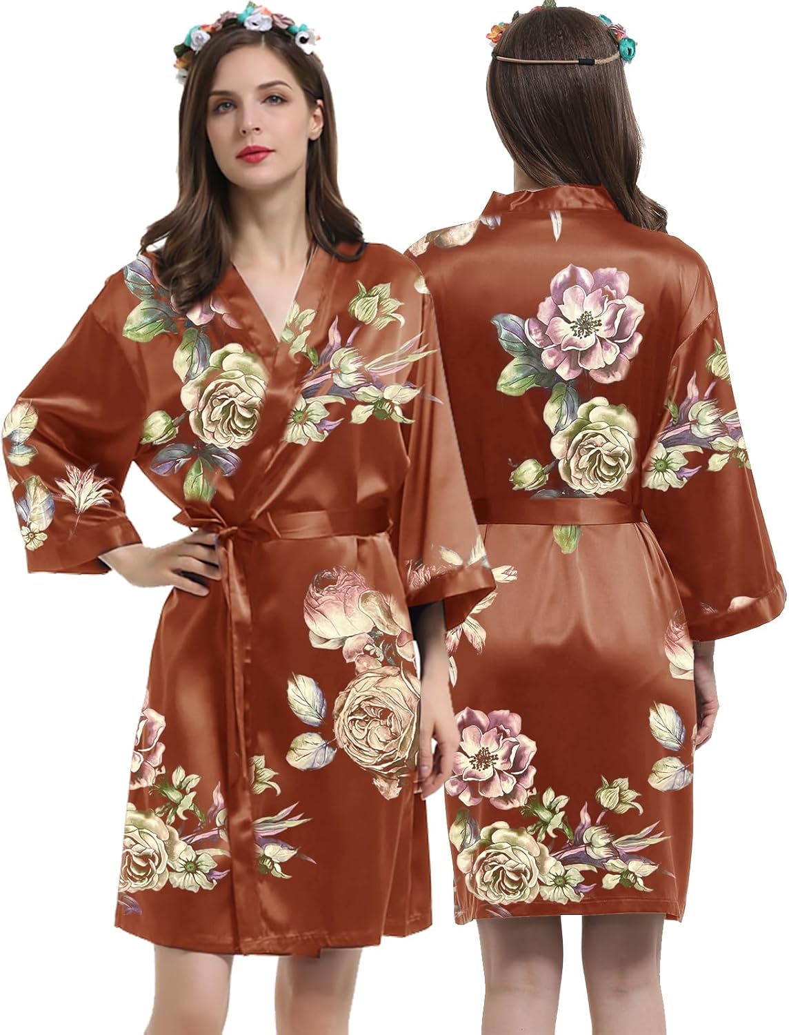 Womens Satin Kimono Robe Silk Robes Floral Bathrobe Bride Bridesmaid Wedding Silky Bridal Dressing Gown Loungewear