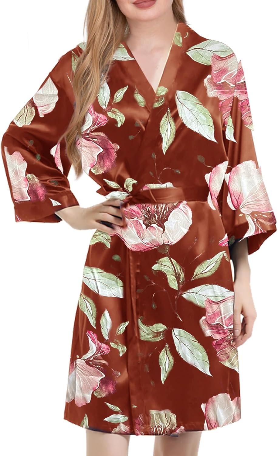 Womens Satin Kimono Robe Silk Robes Floral Bathrobe Bride Bridesmaid Wedding Silky Bridal Dressing Gown Loungewear