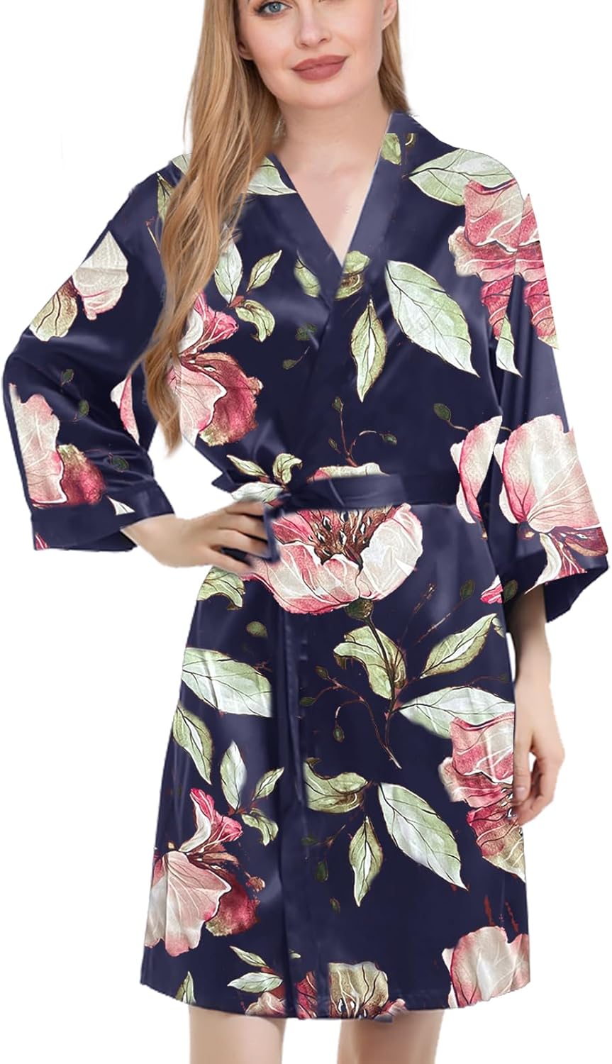 Womens Satin Kimono Robe Silk Robes Floral Bathrobe Bride Bridesmaid Wedding Silky Bridal Dressing Gown Loungewear