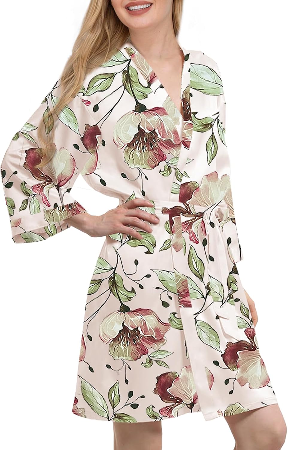 Womens Satin Kimono Robe Silk Robes Floral Bathrobe Bride Bridesmaid Wedding Silky Bridal Dressing Gown Loungewear