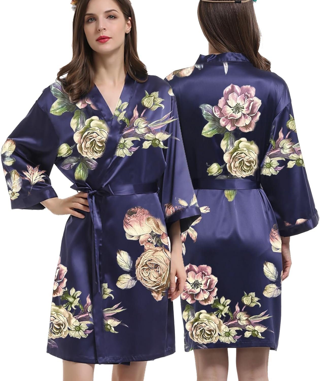 Womens Satin Kimono Robe Silk Robes Floral Bathrobe Bride Bridesmaid Wedding Silky Bridal Dressing Gown Loungewear