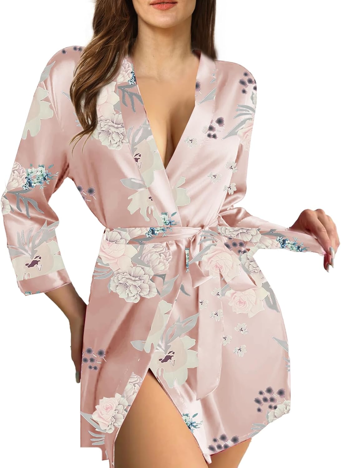 Womens Satin Kimono Robe Silk Robes Floral Bathrobe Bride Bridesmaid Wedding Silky Bridal Dressing Gown Loungewear