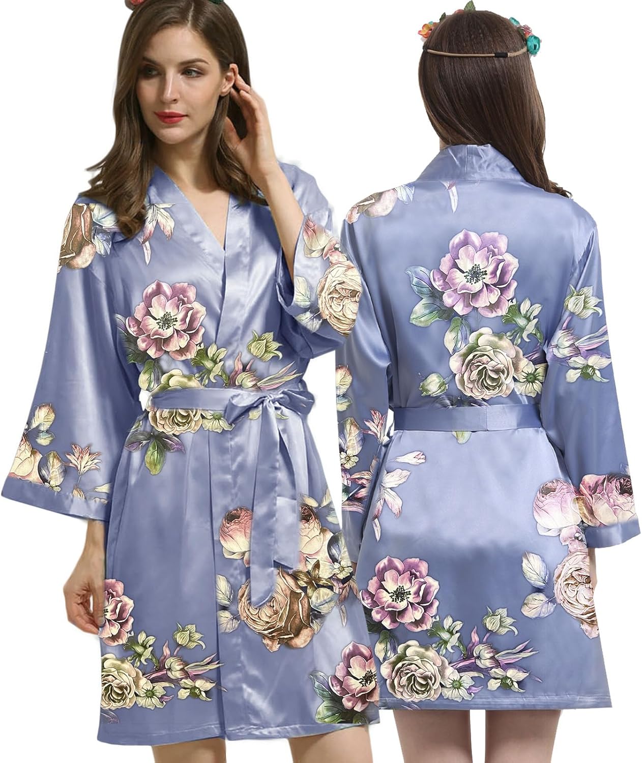 Womens Satin Kimono Robe Silk Robes Floral Bathrobe Bride Bridesmaid Wedding Silky Bridal Dressing Gown Loungewear