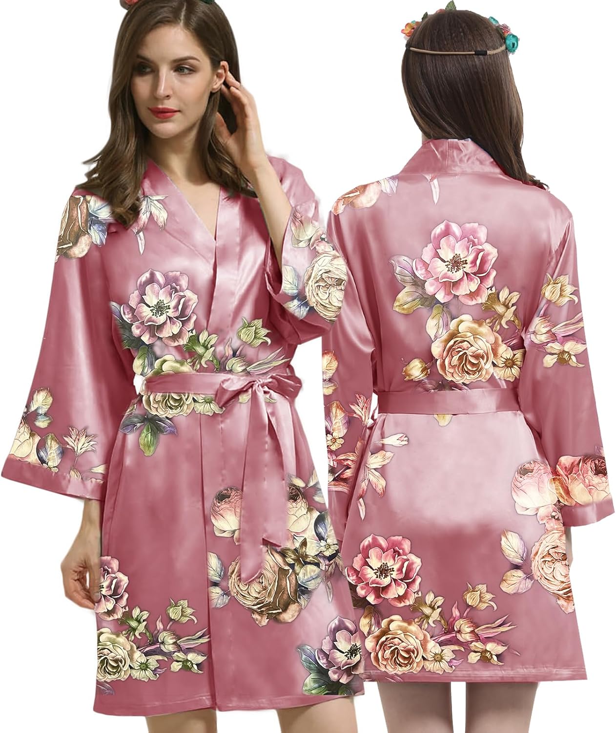 Womens Satin Kimono Robe Silk Robes Floral Bathrobe Bride Bridesmaid Wedding Silky Bridal Dressing Gown Loungewear