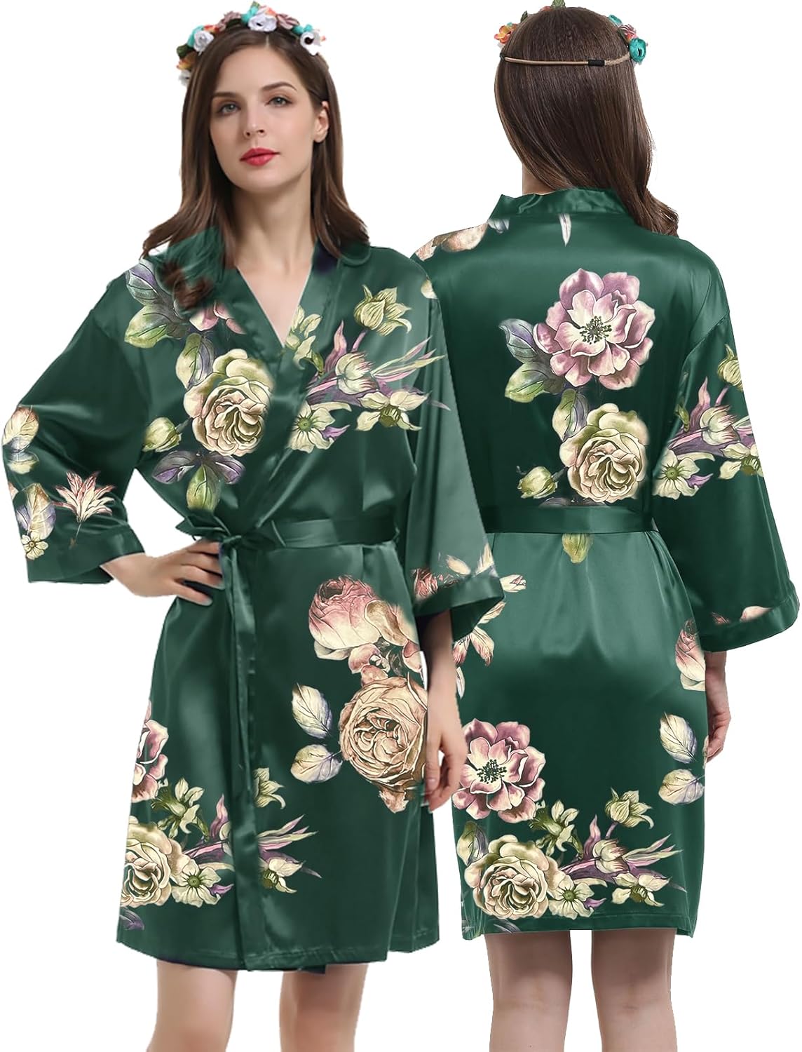 Womens Satin Kimono Robe Silk Robes Floral Bathrobe Bride Bridesmaid Wedding Silky Bridal Dressing Gown Loungewear