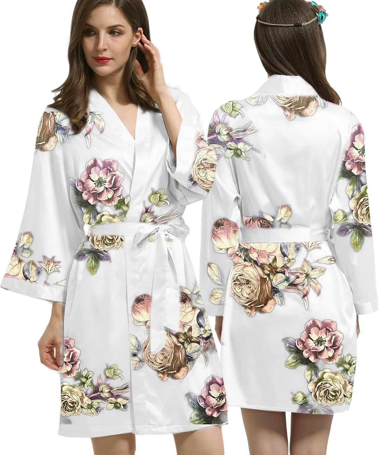 Womens Satin Kimono Robe Silk Robes Floral Bathrobe Bride Bridesmaid Wedding Silky Bridal Dressing Gown Loungewear