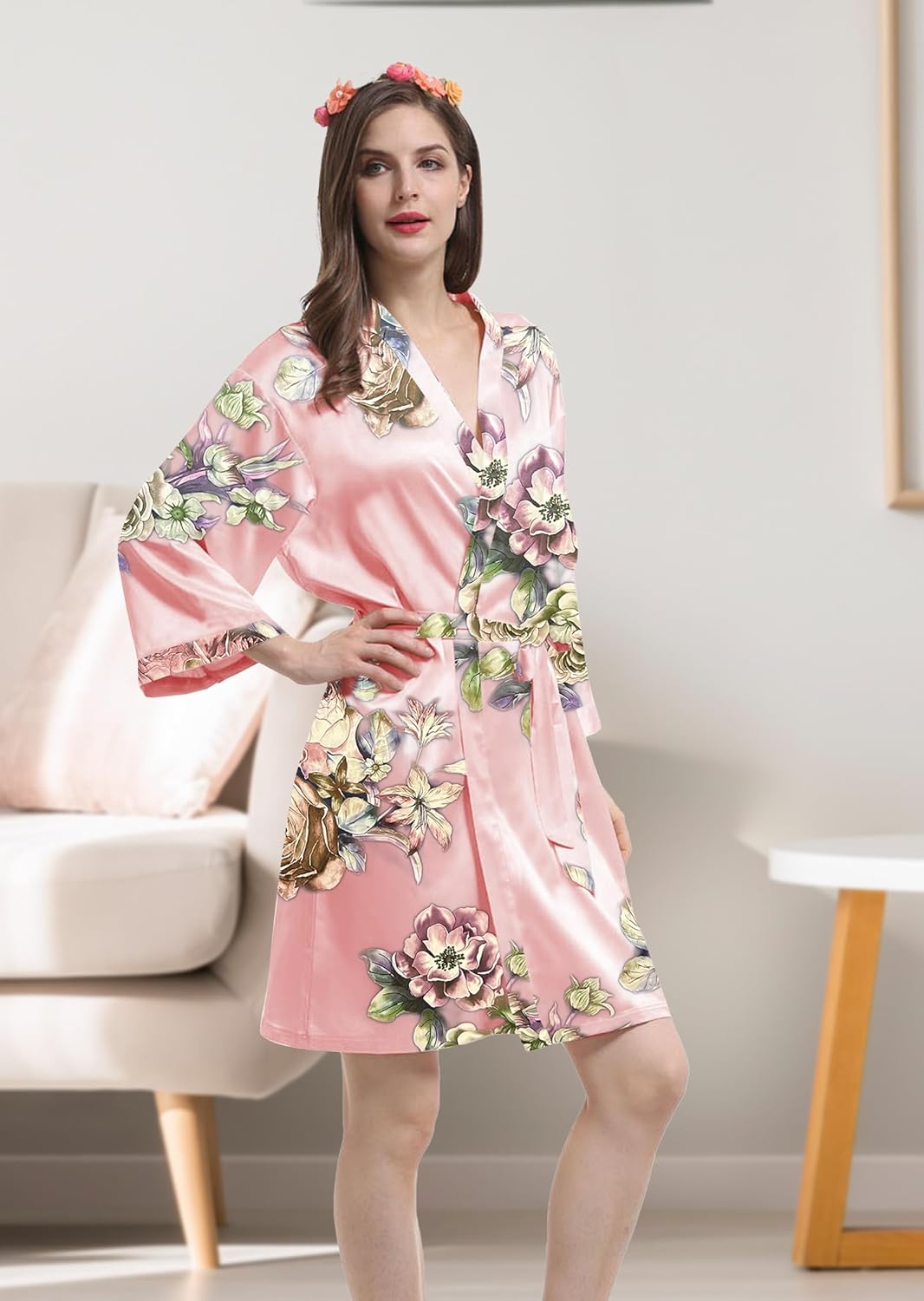Womens Satin Kimono Robe Silk Robes Floral Bathrobe Bride Bridesmaid Wedding Silky Bridal Dressing Gown Loungewear