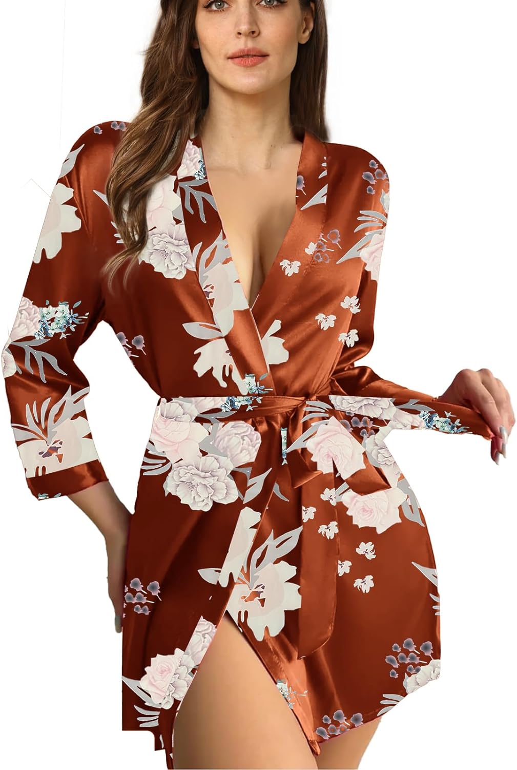 Womens Satin Kimono Robe Silk Robes Floral Bathrobe Bride Bridesmaid Wedding Silky Bridal Dressing Gown Loungewear