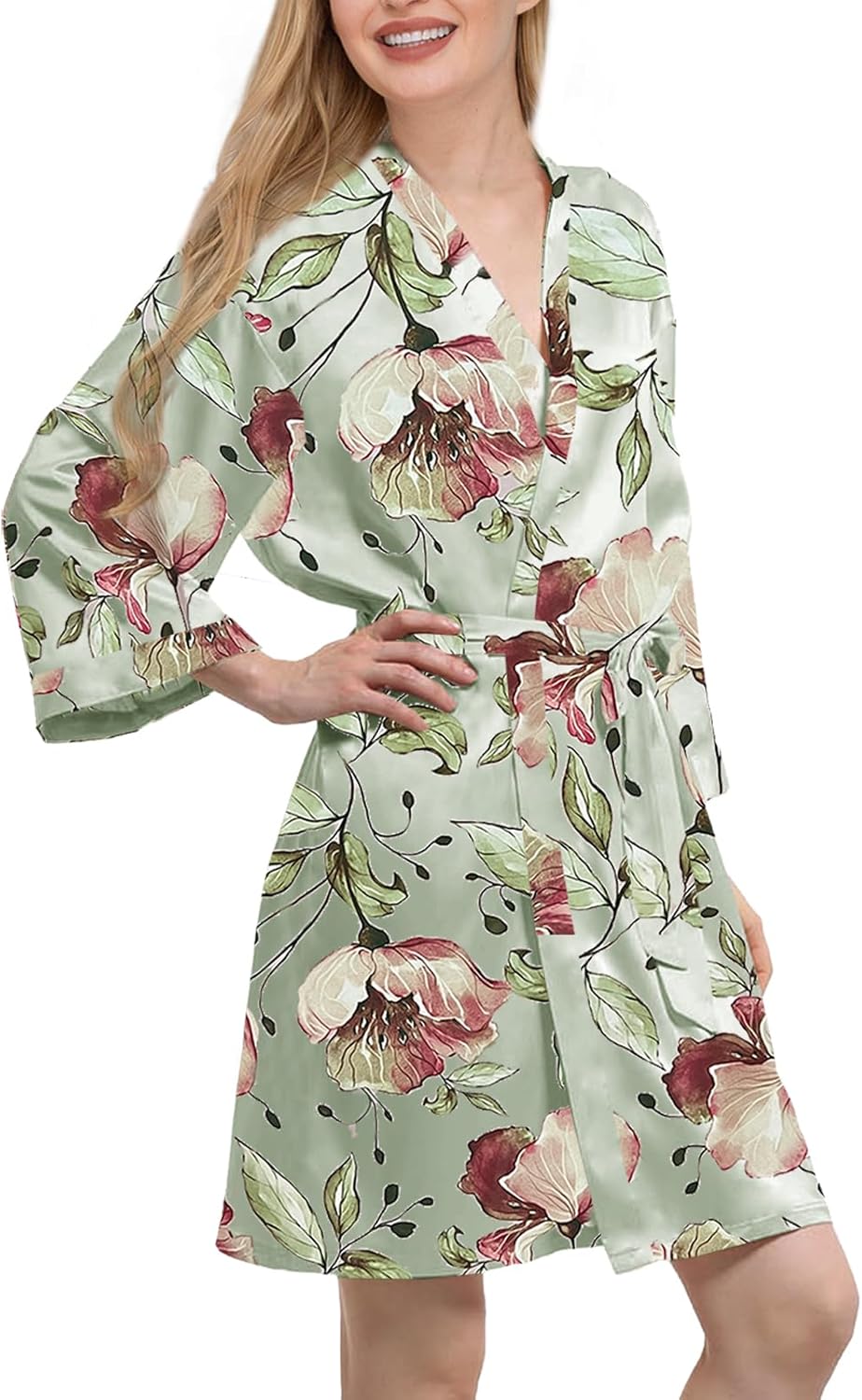Womens Satin Kimono Robe Silk Robes Floral Bathrobe Bride Bridesmaid Wedding Silky Bridal Dressing Gown Loungewear