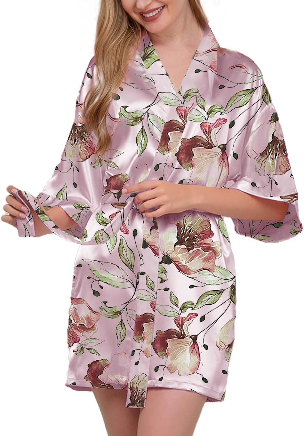Womens Satin Kimono Robe Silk Robes Floral Bathrobe Bride Bridesmaid Wedding Silky Bridal Dressing Gown Loungewear