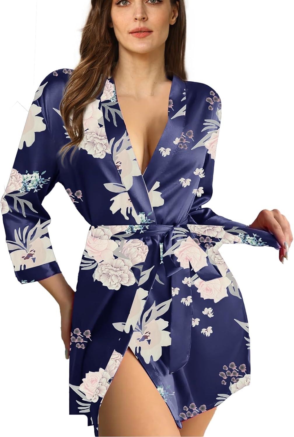 Womens Satin Kimono Robe Silk Robes Floral Bathrobe Bride Bridesmaid Wedding Silky Bridal Dressing Gown Loungewear