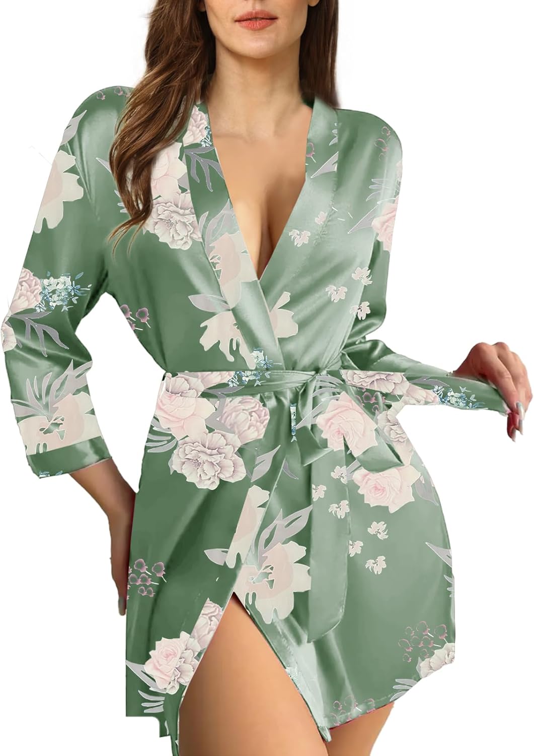 Womens Satin Kimono Robe Silk Robes Floral Bathrobe Bride Bridesmaid Wedding Silky Bridal Dressing Gown Loungewear