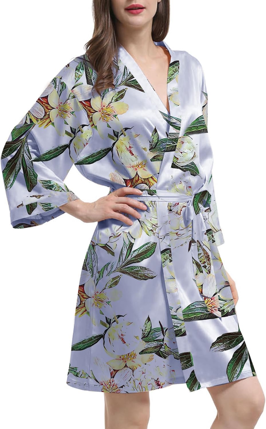 Womens Satin Kimono Robe Silk Robes Floral Bathrobe Bride Bridesmaid Wedding Silky Bridal Dressing Gown Loungewear