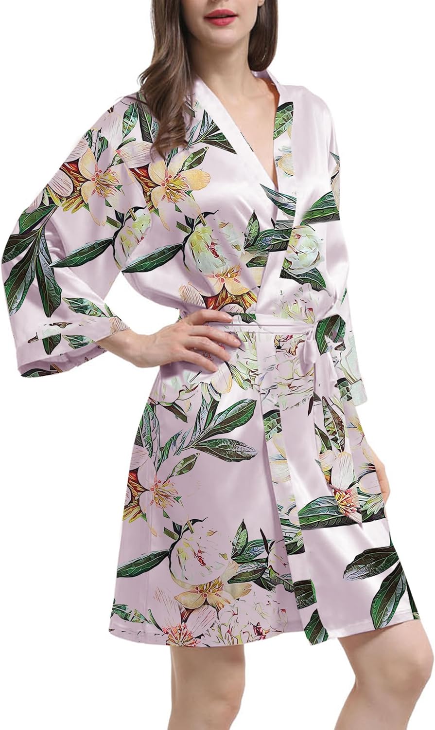 Womens Satin Kimono Robe Silk Robes Floral Bathrobe Bride Bridesmaid Wedding Silky Bridal Dressing Gown Loungewear