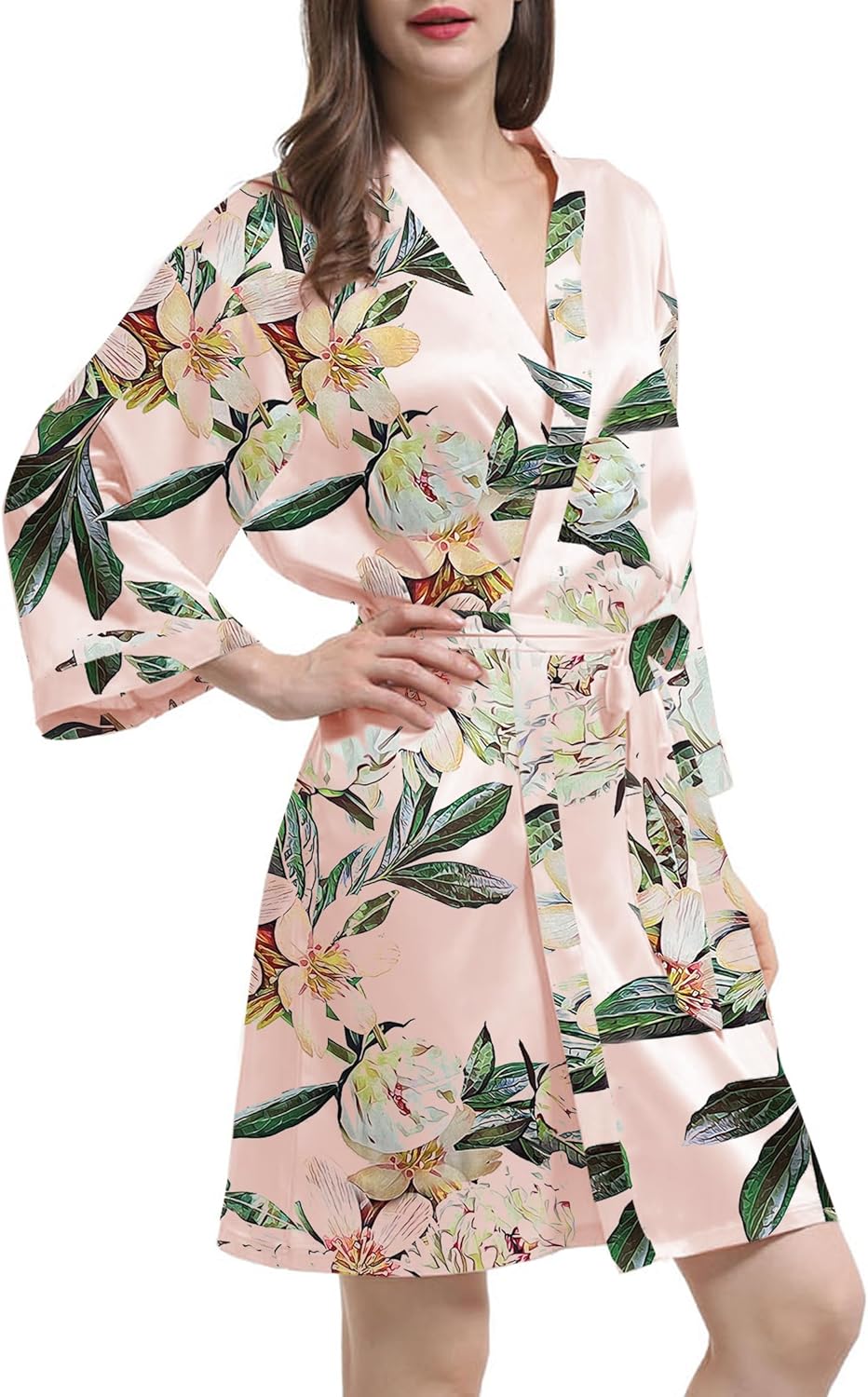 Womens Satin Kimono Robe Silk Robes Floral Bathrobe Bride Bridesmaid Wedding Silky Bridal Dressing Gown Loungewear