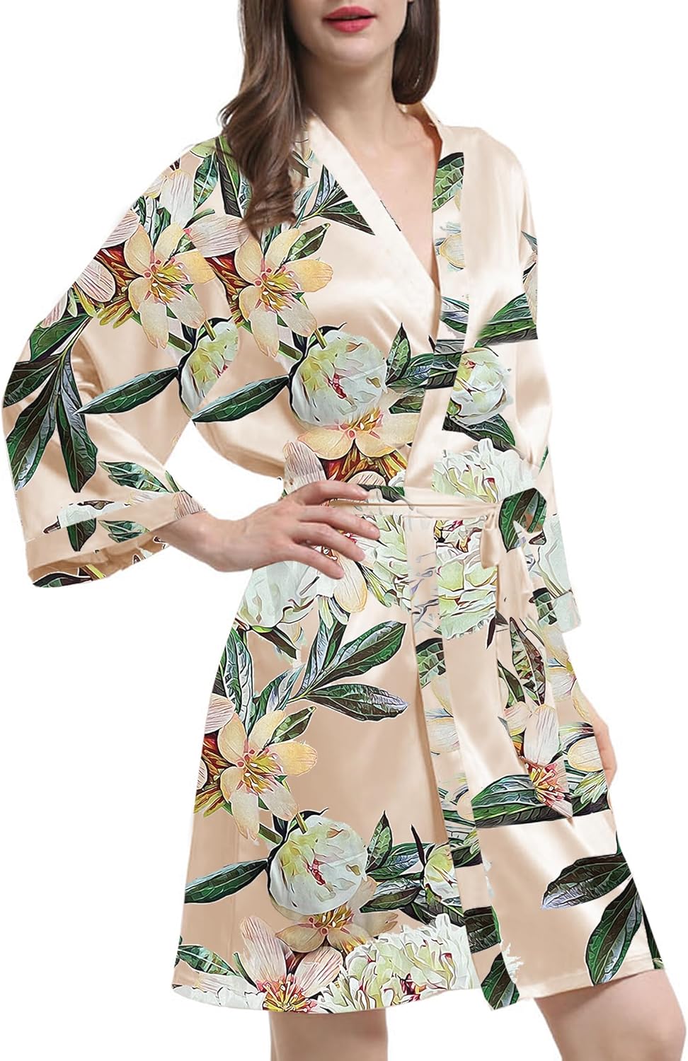 Womens Satin Kimono Robe Silk Robes Floral Bathrobe Bride Bridesmaid Wedding Silky Bridal Dressing Gown Loungewear