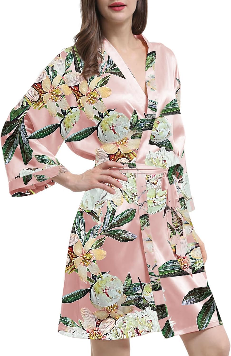 Womens Satin Kimono Robe Silk Robes Floral Bathrobe Bride Bridesmaid Wedding Silky Bridal Dressing Gown Loungewear