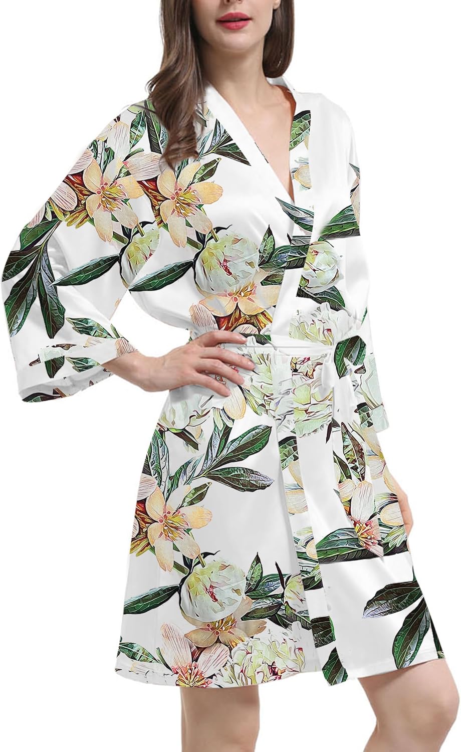Womens Satin Kimono Robe Silk Robes Floral Bathrobe Bride Bridesmaid Wedding Silky Bridal Dressing Gown Loungewear