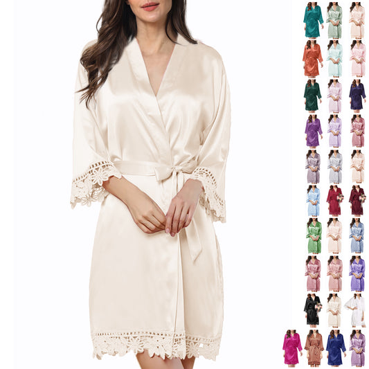 Womens Silk Robe Satin Robe Silky Kimono Lace Bathrobe Sleepwear Wedding For Bridal Bride Bridesmaid Robes