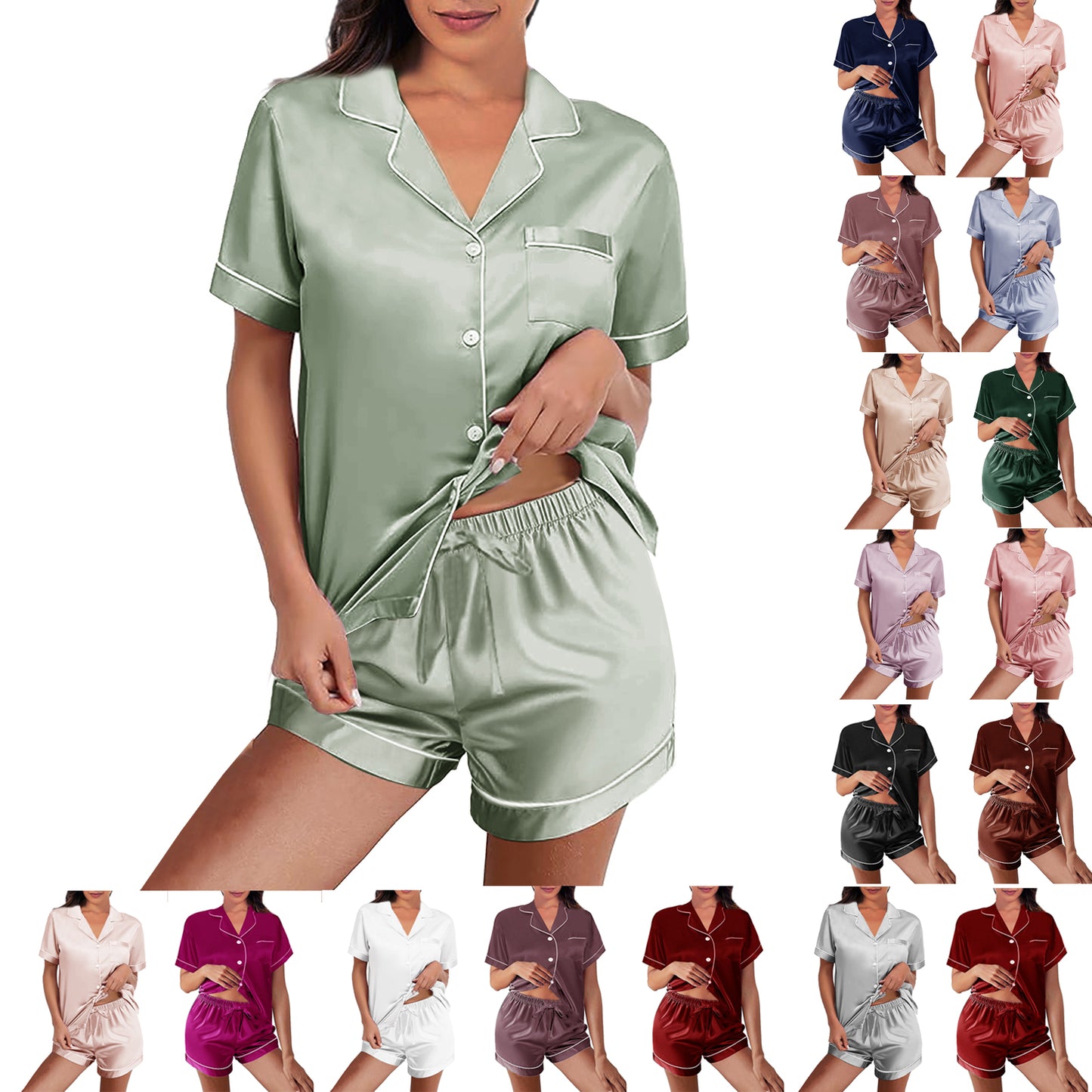 Womens Silk Satin Pajamas Loungewear Two-Piece Sleepwear Button-Down Floral Pj Set XS-4XL