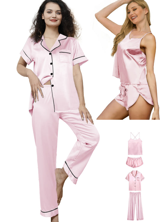 Womens 4Pcs Satin Pajama Sets Silk Pajamas Set Sexy Cami Lingerie Sleepwear Silky Pj Nightwear Pjs Loungewear