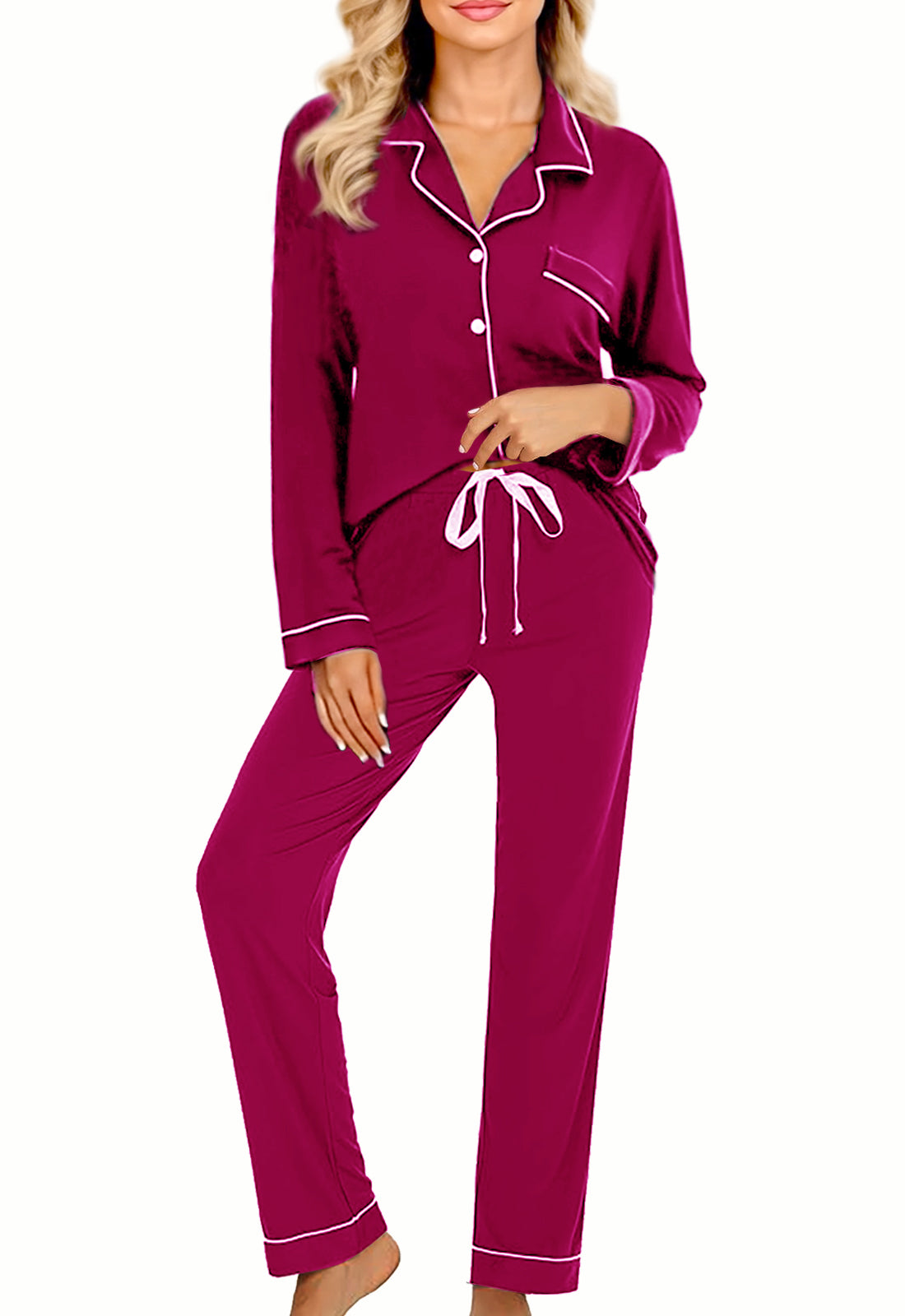 Womens Soft Pajamas Set XS-XXL Button Down Sleepwear Short Sleeves Pajama sets with Long Pants Pj Set Nightwear