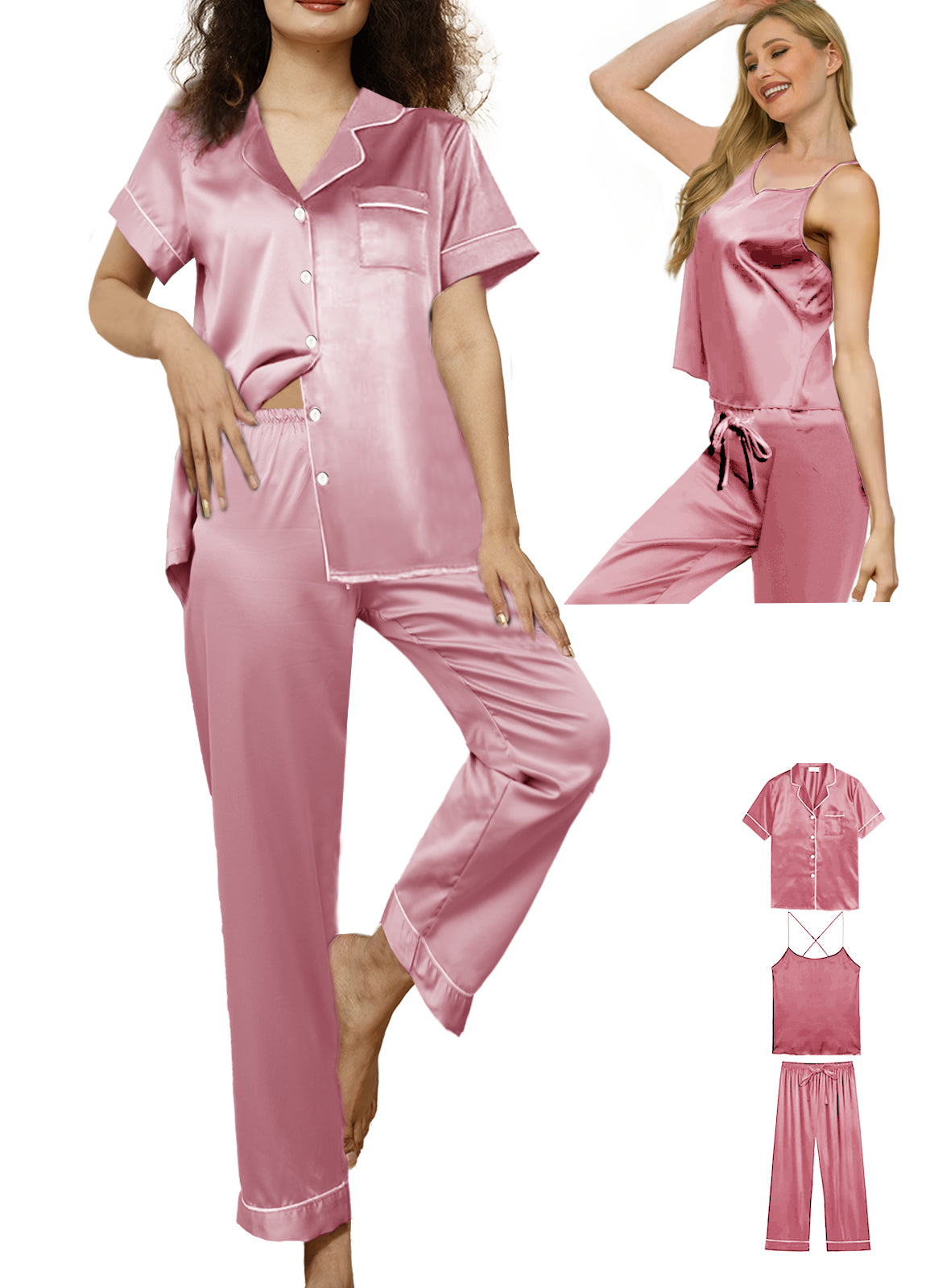 Womens 4Pcs Satin Pajama Sets Silk Pajamas Set Sexy Cami Lingerie Sleepwear Silky Pj Nightwear Pjs Loungewear