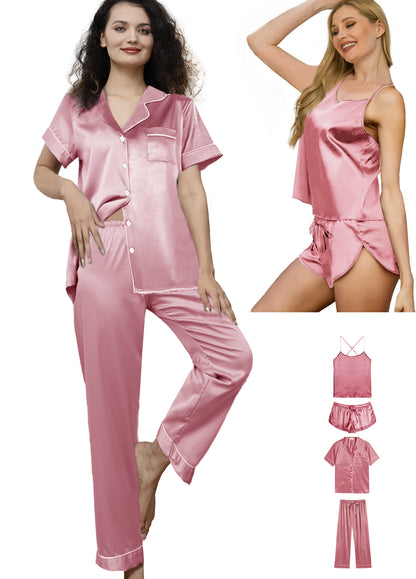 Womens 4Pcs Satin Pajama Sets Silk Pajamas Set Sexy Cami Lingerie Sleepwear Silky Pj Nightwear Pjs Loungewear