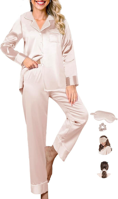 Womens Pajama Set Silk Satin Pajamas Long 2pc Pjs Button Down Sleepwear Pj Set Loungewear