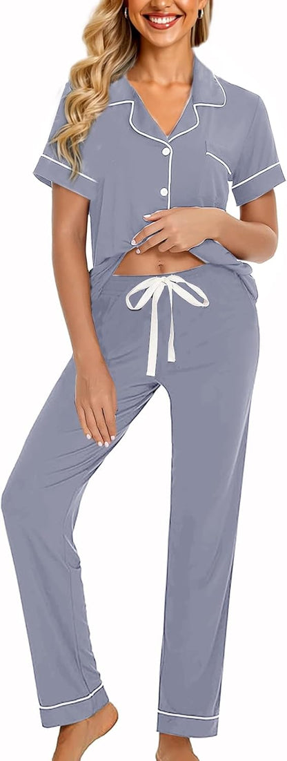 Womens Soft Pajamas Set XS-XXL Button Down Sleepwear Short Sleeves Pajama sets with Long Pants Pj Set Nightwear